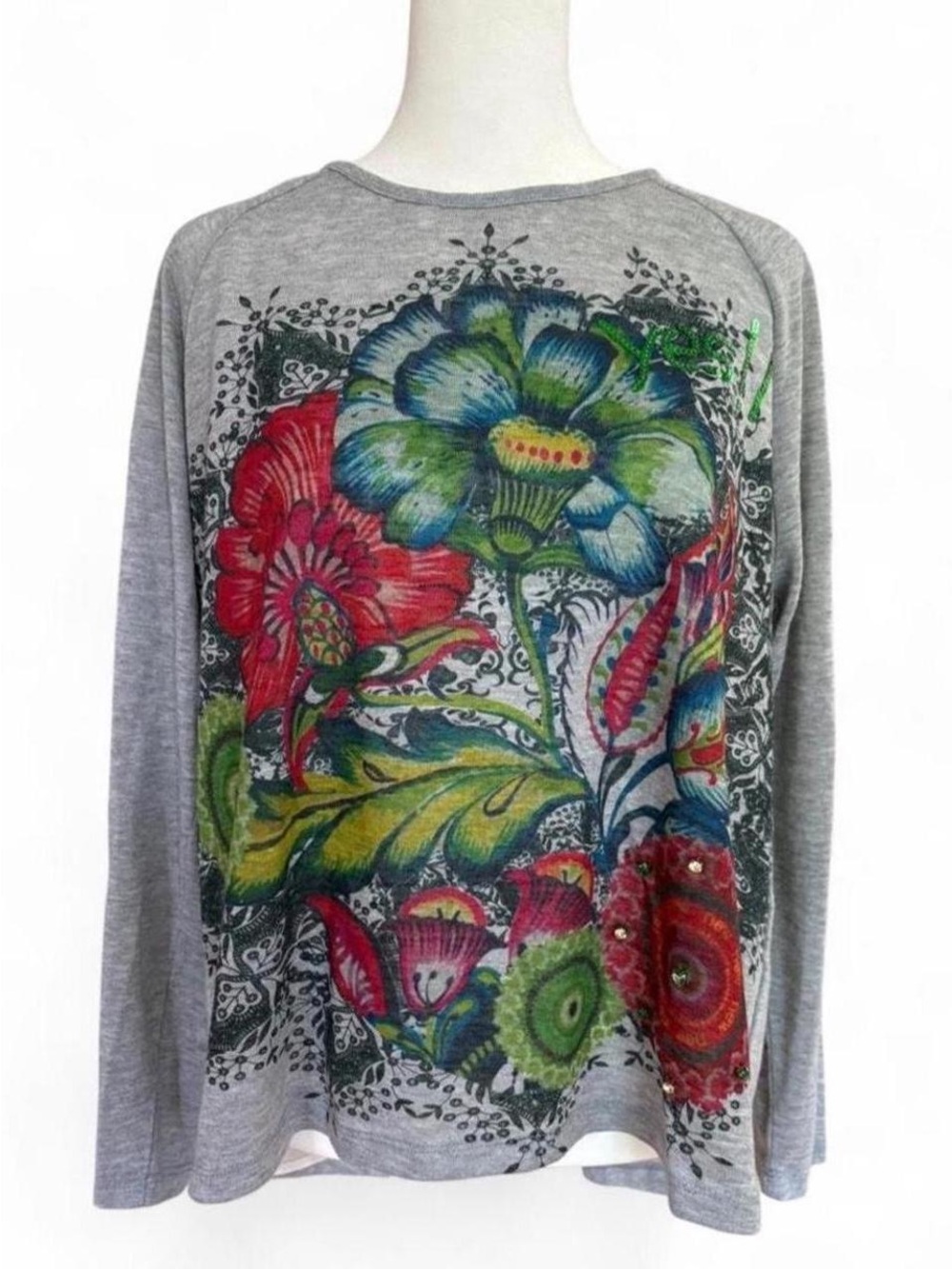 Desigual Gray Tee with Colourful Floral Pattern